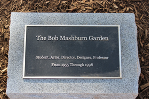 A plaque recognizes Bob Mashburn’s impact on the UT Department of Theatre.