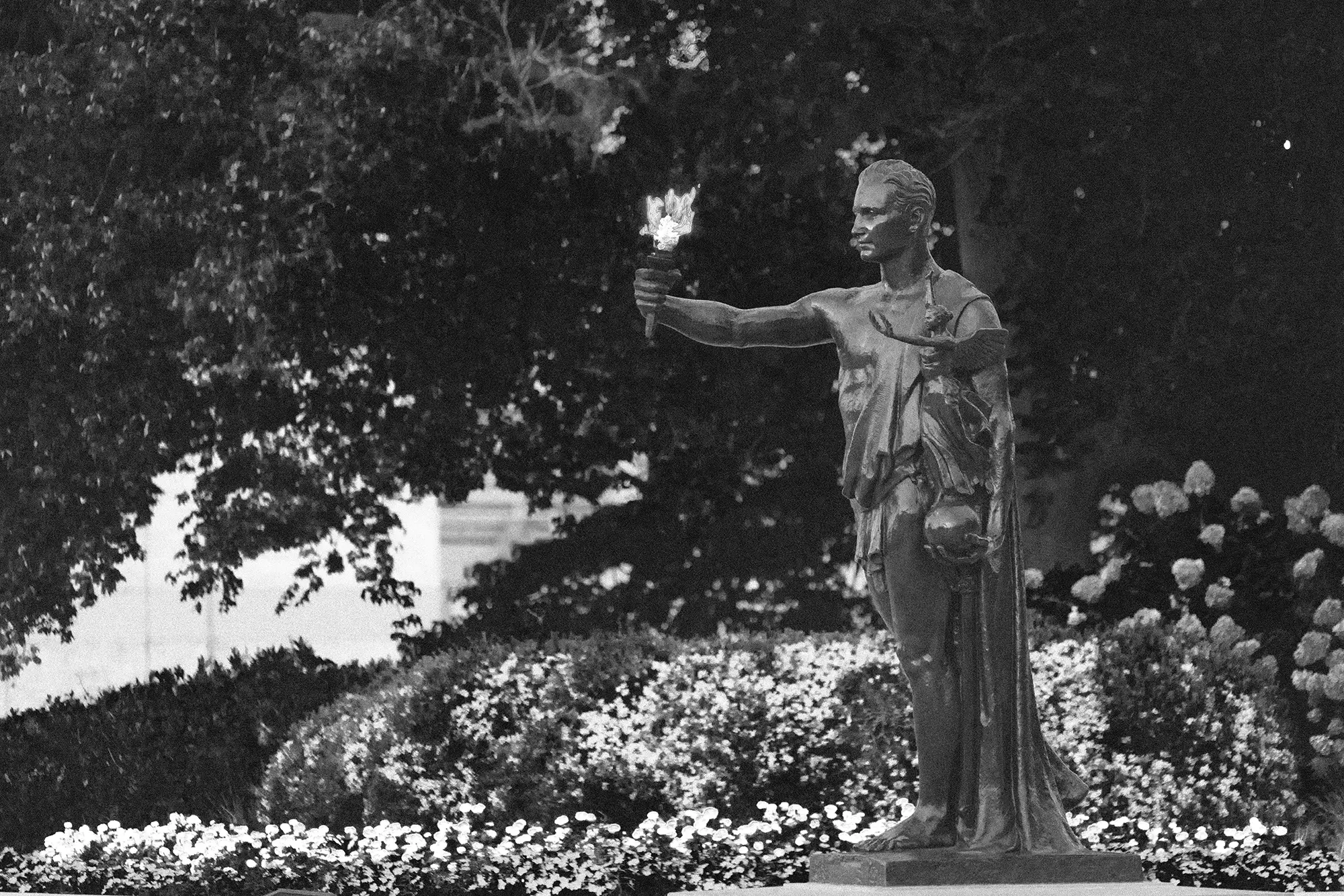 black and white photo of the torchbearer