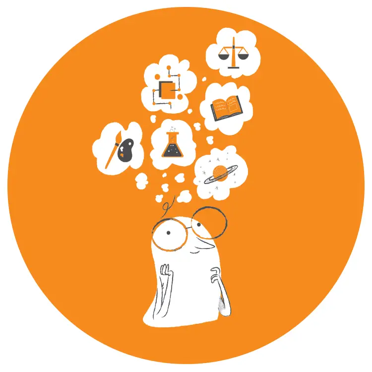 A white illustrated figure inside of an orange circle with graphic thought bubbles above it