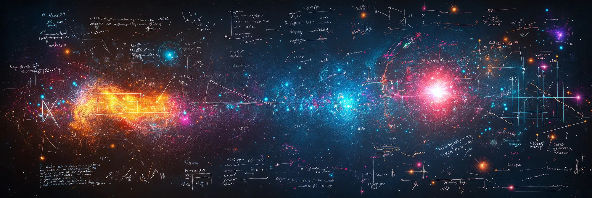 Equations superimposed on a colorful image of galaxies