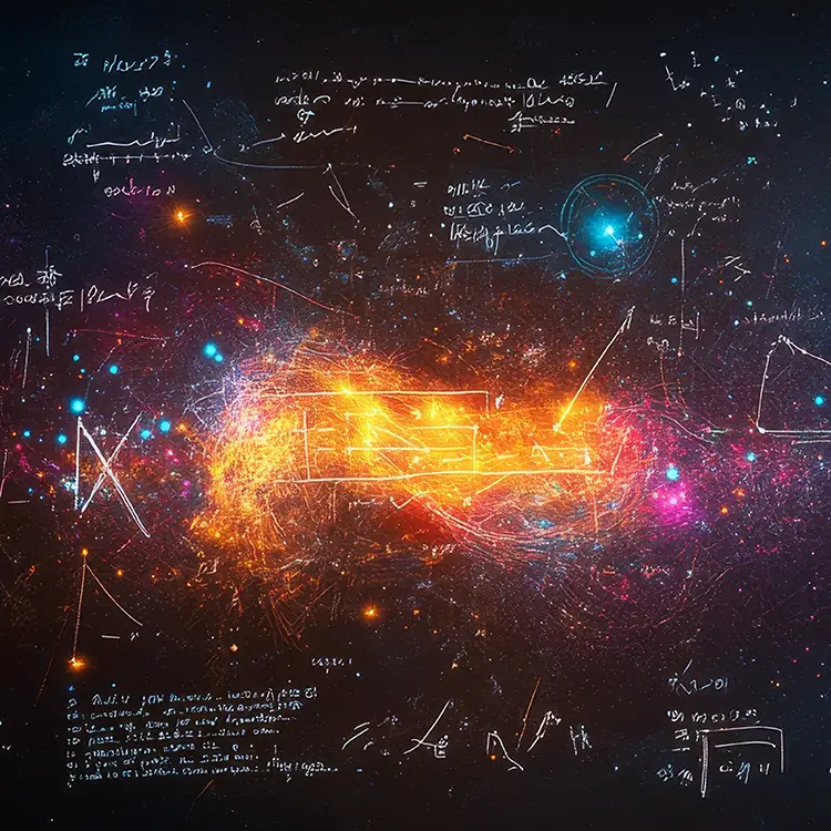 Chalkboard writing superimposed on an image of galaxies and stars