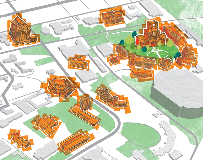 campus map with Arts and Sciences buildings highlighted in orange