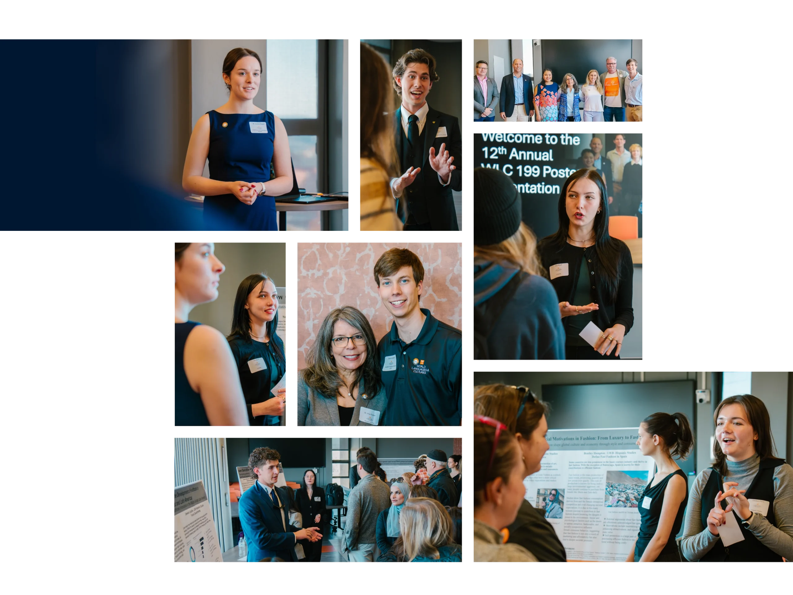Collage of photos from a poster presentation event with students talking to event attendees