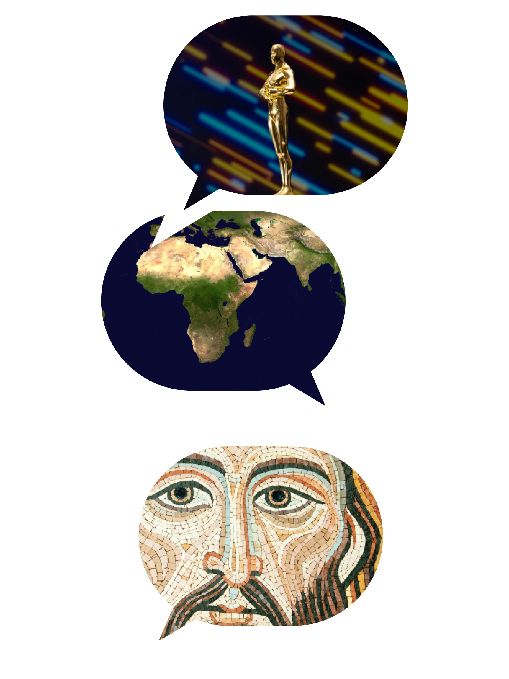 Speech bubble cutout images of gold statue of a man, a globe, and artwork of a bearded man