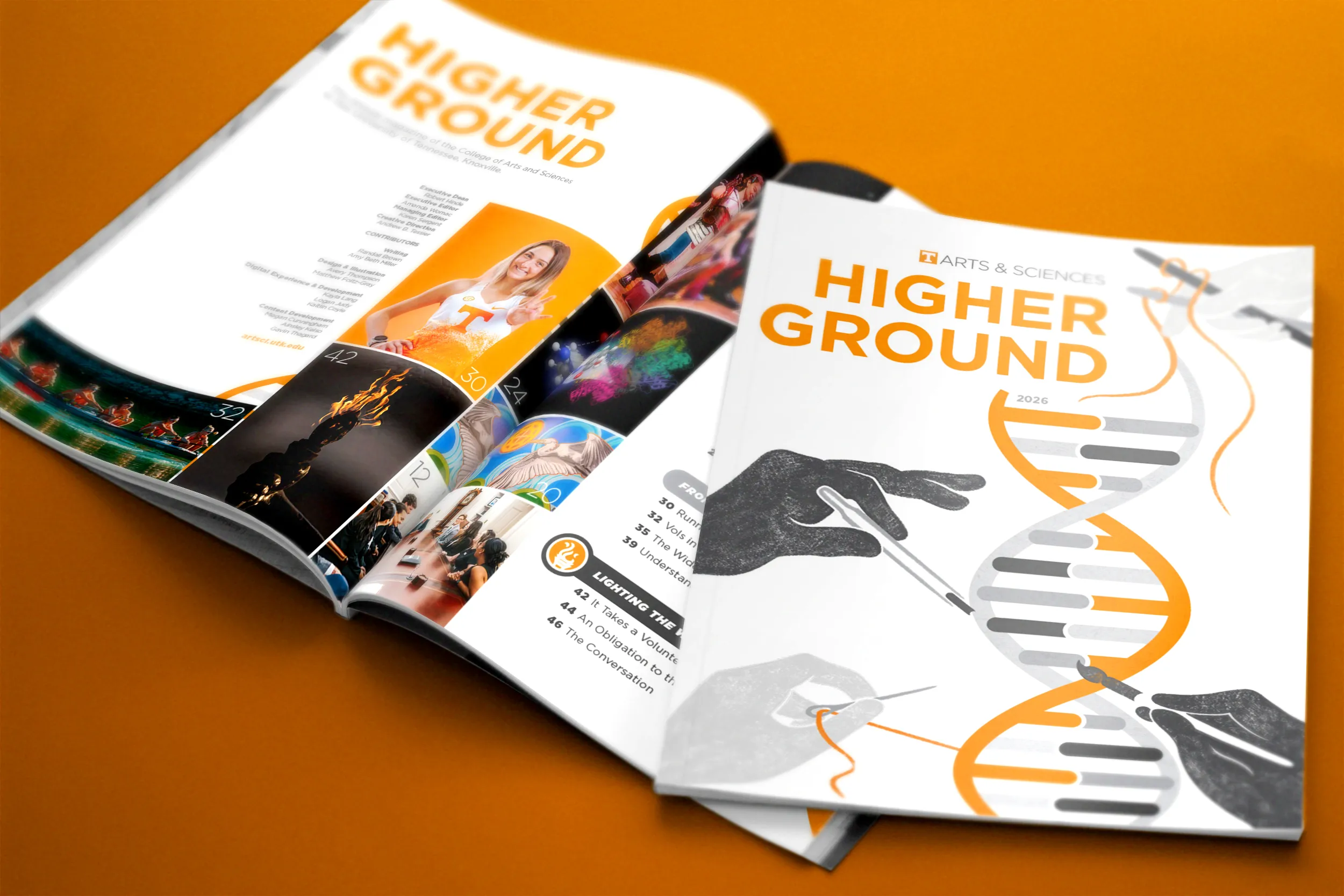 Issues of Higher Ground against an orange background