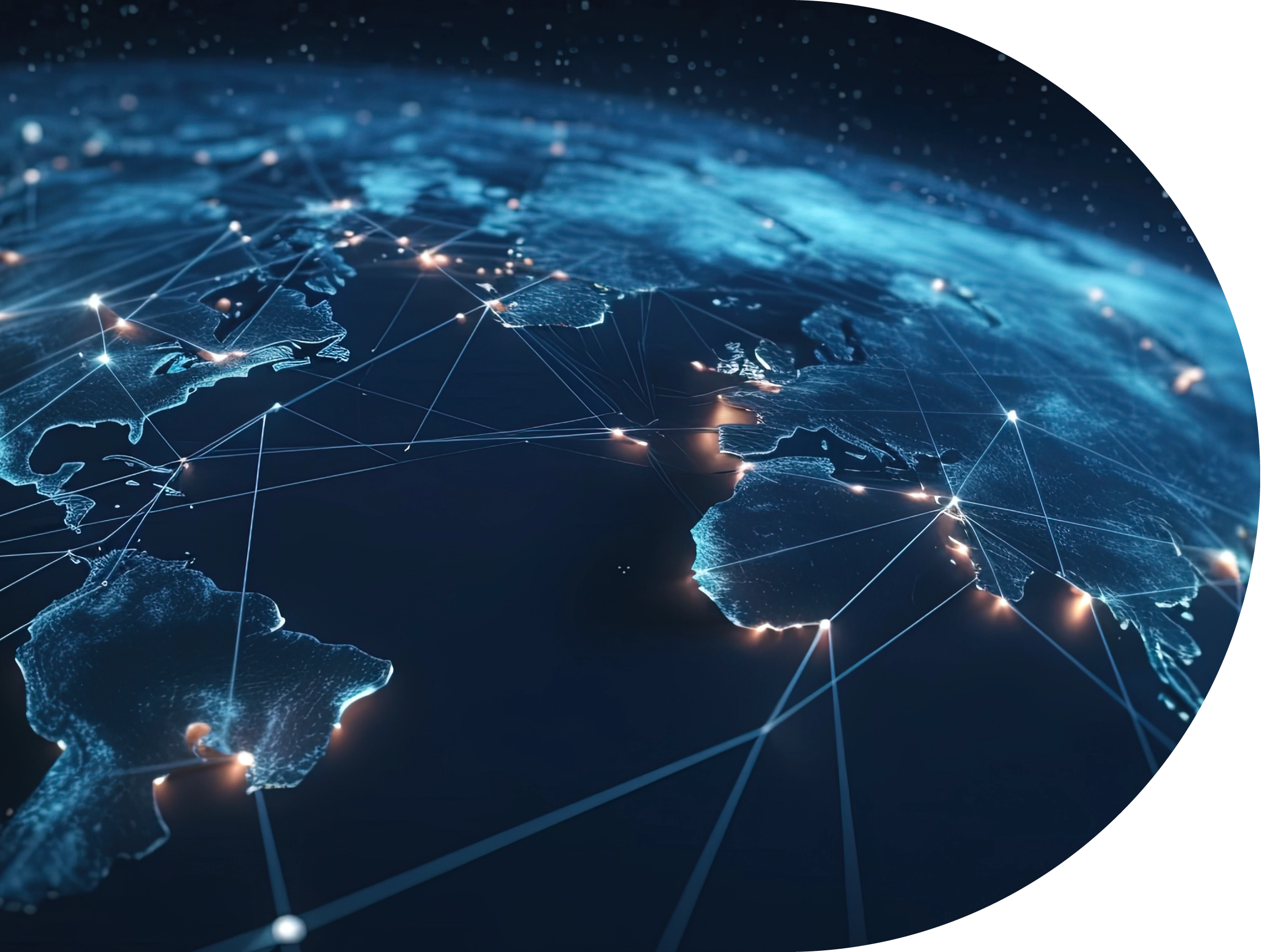 Blue-toned graphic showing a world map