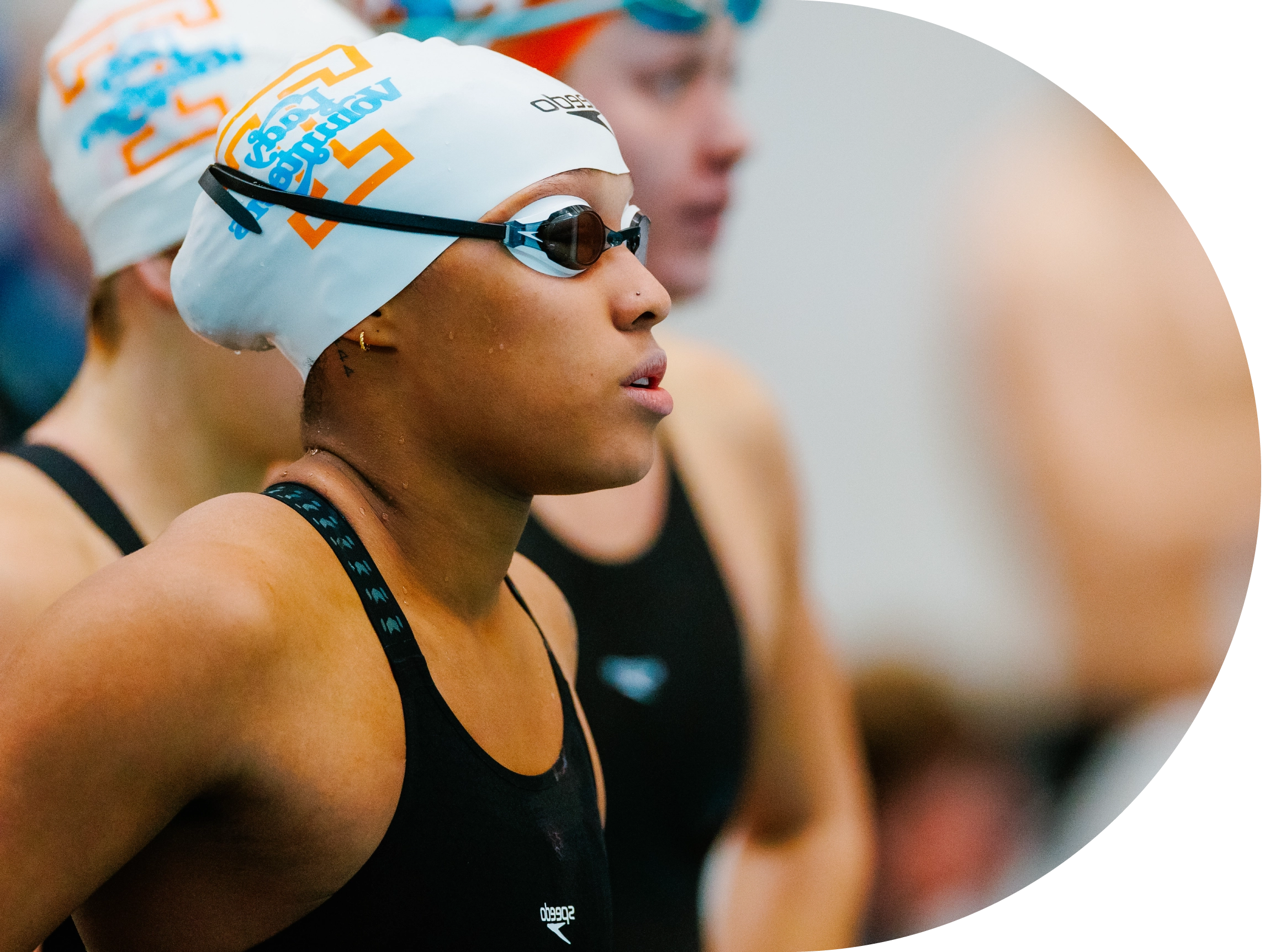 A female swimmer at a competition
